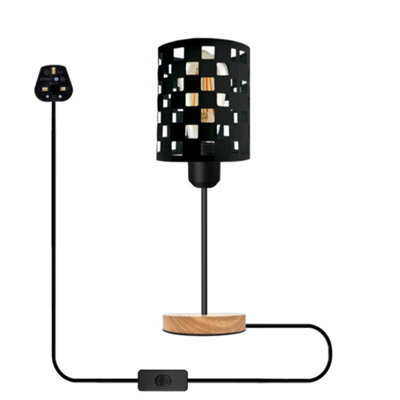 Modern Bedside Table Lamp With Wooden Stand, Metal Cage , On Off Switch , Black