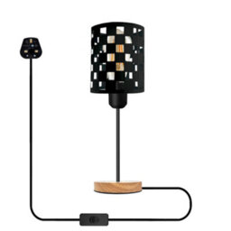 Modern Bedside Table Lamp With Wooden Stand, Metal Cage , On Off Switch , Black