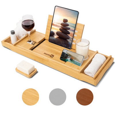 Homiu Bamboo Bathtub Caddy Tray Expandable Bath Caddy Organizer W/ Book Ipad Kindle Stand - image 1