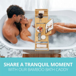 Homiu Bamboo Bathtub Caddy Tray Expandable Bath Caddy Organizer W/ Book Ipad Kindle Stand - thumbnail 6