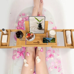 Homiu Bamboo Bathtub Caddy Tray Expandable Bath Caddy Organizer W/ Book Ipad Kindle Stand - thumbnail 5