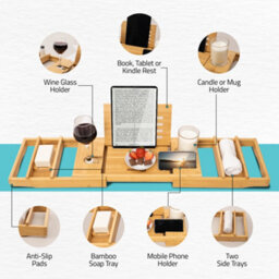 Homiu Bamboo Bathtub Caddy Tray Expandable Bath Caddy Organizer W/ Book Ipad Kindle Stand - thumbnail 3