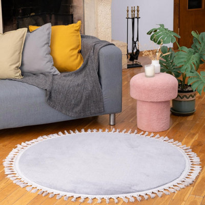 Mega Merchant Living Room Washable Area Rugs English Home  Fluffy Round Rug , Light Gray