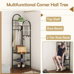 4 Tier Coat Rack 180Cm Tall Entryway Shoes Shelf Organizer Brown - thumbnail 4
