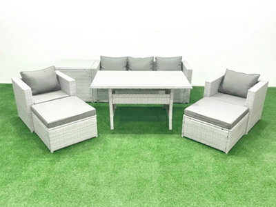 Fimous Garden Dining Set Outdoor Rattan Furniture Set Sofa Dining Table 2 Chairs 2 Big Stools Side Table Light Grey - image 1