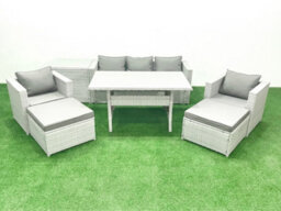 Fimous Garden Dining Set Outdoor Rattan Furniture Set Sofa Dining Table 2 Chairs 2 Big Stools Side Table Light Grey - thumbnail 2