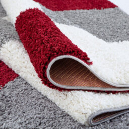 The Rugs Red Grey And Ivory Soft Checkerboard Design Fluffy Shaggy Rugs And Runners High Pile Living Room Kitchen Hallway 381 - thumbnail 4