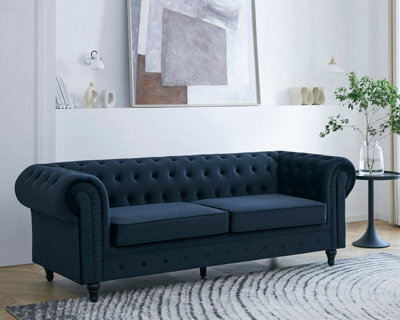 Home Detail Chesterfield Velvet Fabric 3 Seater Sofa, Midnight Blue - image 1