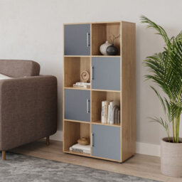 Urbn-Living Urbnliving 119Cm Height 8 Cube Bookcase Oak Wood Grey Door Metal Handle Display Storage Shelf - thumbnail 2