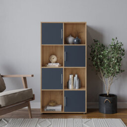Urbn-Living Urbnliving 119Cm Height 8 Cube Bookcase Oak Wood Grey Door Metal Handle Display Storage Shelf
