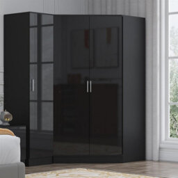 Reflect 2Pc Wardrobe Bundle - 2 Door Corner + 1 Door Plain - Black Gloss & Black Oak - H: 180Cm X W: 179Cm X D: 103Cm - thumbnail 3