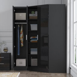 Reflect 2Pc Wardrobe Bundle - 2 Door Corner + 1 Door Plain - Black Gloss & Black Oak - H: 180Cm X W: 179Cm X D: 103Cm - thumbnail 2