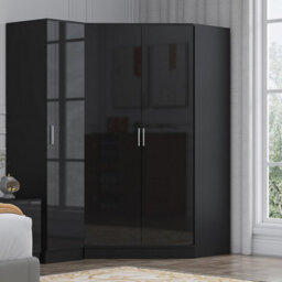 Reflect 2Pc Wardrobe Bundle - 2 Door Corner + 1 Door Plain - Black Gloss & Black Oak - H: 180Cm X W: 179Cm X D: 103Cm - thumbnail 1