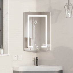 Keepreaper Corner Bathroom Mirror Cabinet With Led Light And Electricity Wall Mounted 40 X 60 Cm E1 Grade Particle Board