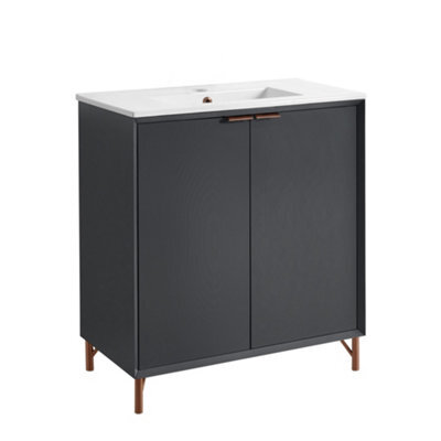 Homestylestore Anthracite 810mm Bathroom Vanity Unit With Basin And Brushed Copper Finger Pull Handle - image 1
