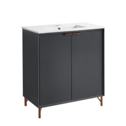 Homestylestore Anthracite 810mm Bathroom Vanity Unit With Basin And Brushed Copper Finger Pull Handle