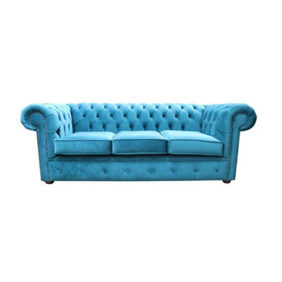 Chesterfield Original 3 Seater Sofa Amalfi Peacock Blue Velvet Fabric In Classic Style - image 1