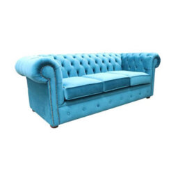 Chesterfield Original 3 Seater Sofa Amalfi Peacock Blue Velvet Fabric In Classic Style - thumbnail 2
