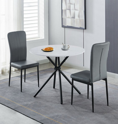 Hallowood Furniture Cullompton Small Round Dining Table 90Cm With 2 Grey Faux Leather High Back Chairs - image 1