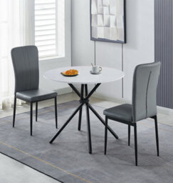 Hallowood Furniture Cullompton Small Round Dining Table 90Cm With 2 Grey Faux Leather High Back Chairs - thumbnail 1