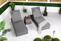 Giardino Giradino Grey Rattan Sun Loungers Set Of 2 With Side Table - Garden Patio Furniture Sun Bed 6 Positions, Cover Incl - thumbnail 1