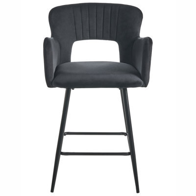 Wyld And Coco Novavelvet Black Bar Stool With Armrests And Cutout Back, Velvet Upholstery, Iron Legs (W53 X D51 X H94Cm) - image 1