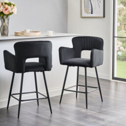 Wyld And Coco Novavelvet Black Bar Stool With Armrests And Cutout Back, Velvet Upholstery, Iron Legs (W53 X D51 X H94Cm) - thumbnail 2