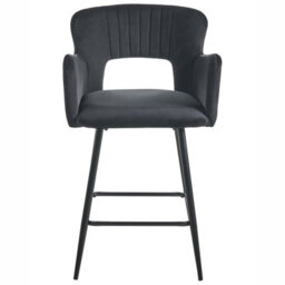 Wyld And Coco Novavelvet Black Bar Stool With Armrests And Cutout Back, Velvet Upholstery, Iron Legs (W53 X D51 X H94Cm) - thumbnail 1
