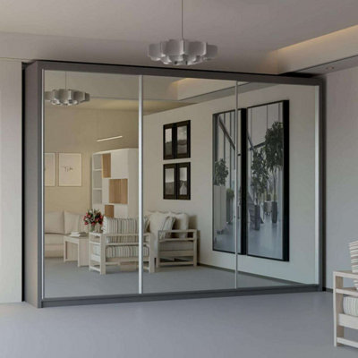 Sliding Wardrobes 4 u LTD Double Mirror Sliding Door Wardrobe Sleek Design Comes In Width 90/100/120/150/180/203/250Cm(Grey W250Cm X H217Cm) - image 1