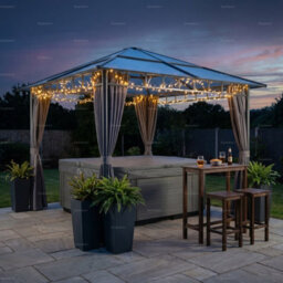 Aluminium Hipped Roof Gazebo With Tinted Polycarbonate Roof And Side Curtains, Grey, 2.6X2.6M - thumbnail 4
