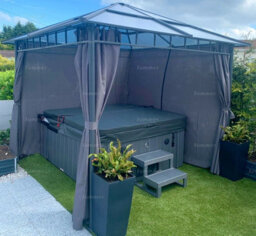 Aluminium Hipped Roof Gazebo With Tinted Polycarbonate Roof And Side Curtains, Grey, 2.6X2.6M - thumbnail 1