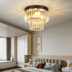 Living And Home Modern Chandelier Double Tiers Droplet Crystal Shade Black Base Mount Ceiling Light - thumbnail 1