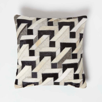 Homescapes Geometric Block Brown & Cream Leather Cushion 45 X 45 Cm - image 1