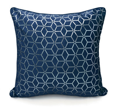 Intimates Velvet Geometric Print Cushion, Silver Foil Design, Luxurious Texture, Zip Closure - Modern Home Decor Accent Cushion - Navy