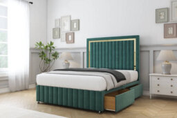 "Sloomy Boston Gold Emerald Plush Divan Bed 2 Drawers Left Side-54"" Floor Standing Headboard 12"" Footboard 4'6 Double" - thumbnail 4