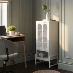 Wyld and Coco Brandforge One Door White Steel Sideboard With Oval Perforated Door, Wall-Mounted, Matt White, Tall (W470 X D350 X H1080mm) - thumbnail 2
