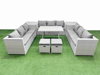 Fimous 11 Seat Outdoor Patio Pe Rattan Garden Furniture With Cushions 3 Seater Sofa 2 Side Tables 2 Small Stools Light Grey - image 1