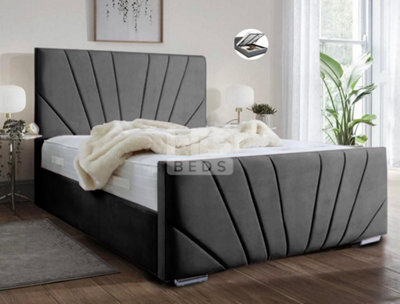 Stratus Interiors Windsor Diagonal Lined Art Deco Velvet Bed Frame With Optional Gas Lift Storage - Grey - Slatted Base