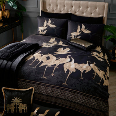Laurence Llewelyn-Bowen Kireina 100% Cotton Black Luxurious Crane Print Duvet Cover Set - image 1