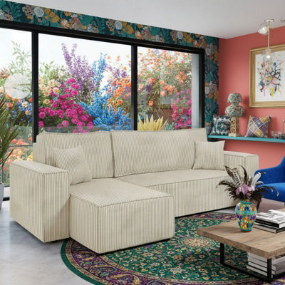 Karl Living Room Sofa Bed With Storage Chipboard Frame Wave Spring Loose Cushions 244X145X83 Cm Universal Side Cream - image 1