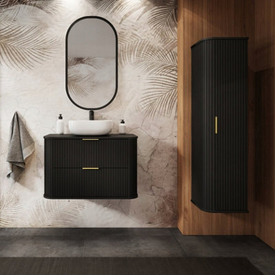 Heze Furniture Elegance Glamour Style 2 Bathroom Cabinets Set 80Cm Vanity Unit & Tall Cabinet In Black - image 1