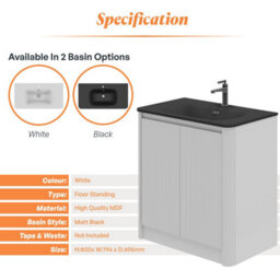 Plum&clay Isla Ribbed Fluted White Freestanding Bathroom Vanity Unit & Black Basin Set (W)800mm - thumbnail 5