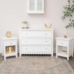 Melody Maison Large Scalloped 3 Drawer Chest Of Drawers & Pair Of Bedside Tables - Staunton White Range - thumbnail 1