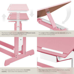 Tectake Desk - For Children, Wooden, Tiltable Tabletop, 7 Height Settings, With Drawer 109 Cm - Pink - thumbnail 5