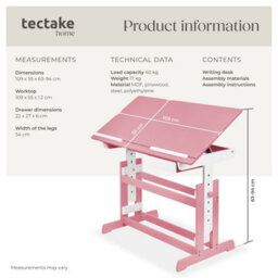 Tectake Desk - For Children, Wooden, Tiltable Tabletop, 7 Height Settings, With Drawer 109 Cm - Pink - thumbnail 6