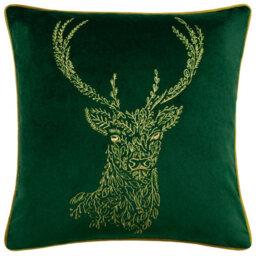 Furn. Forest Fauna Embroidered Woodland Stag Velvet Cushion Cover