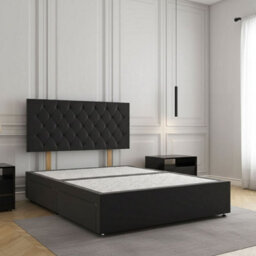 REGIONAL FURNISHINGS Black Plush Velvet Divan Bed Set Upholstered With 24Inch Headboard 2Drawers Footend & No Mattress In 4Ft 4Ft6 5Ft 6Ft Sizes - thumbnail 1