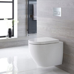 Homestylestore White Bathroom Wall Hung Round Toilet Wc Tall Wall Frame Chrome Rectangular Flush Plate - thumbnail 1
