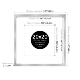 "20X20"" Silver Picture Frame - 20X20"" Square Frame With 17X17"" Mount For 20X20""/17X17"" Pictures Vintage Style Thin Edge, 1 Pack" - thumbnail 2