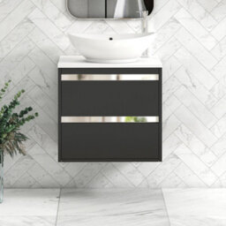 Royal Bathrooms Orion 600mm Matt Obsidian Black Wall Hung Plain White Countertop Vanity Unit 2 Drawer With Amaze Basin & Chrome Accent Trim - thumbnail 2
